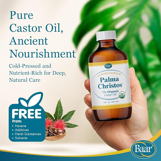 Baar Palma Christos Organic Castor Oil, Cold-Pressed, Hexane-Free, USDA Certified, for Skin, Hair, Massage & Castor Oil Packs, Glass Amber Bottle, 8 oz.