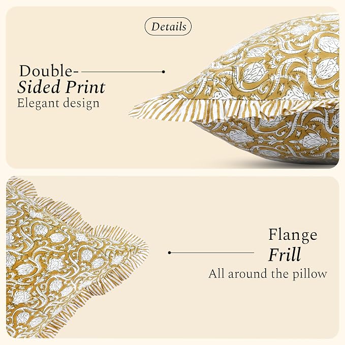 CPC Block Print Ruffle Throw Cover Mustard Regal 18"x18" Inch Pack of 2-100% Cotton Ruffle Couch Decorative Boho Pillows Case for Living Room, Bedroom, Sofa, Farmhouse Gift for Spring, Mother's Day