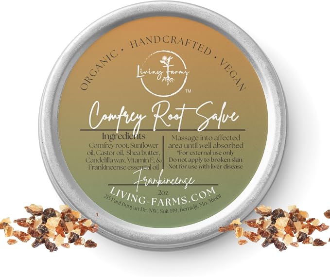 Comfrey Salve with Castor Oil & Frankincense - Aches, Sprains, Sore Muscles, Joints, Minor Pain -Vegan Friendly Natural Healing Balm - Handmade in The USA (2oz, Frankincese)
