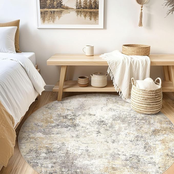 UERMEI 8ft Round Area Rug Living Room Rugs - 8x8 Washable Neutral Modern Abstract Soft Thin Rug Indoor Floor No Slip Rug Carpet for Bedroom Under Dining Table Home Office Decor - Golden Grey