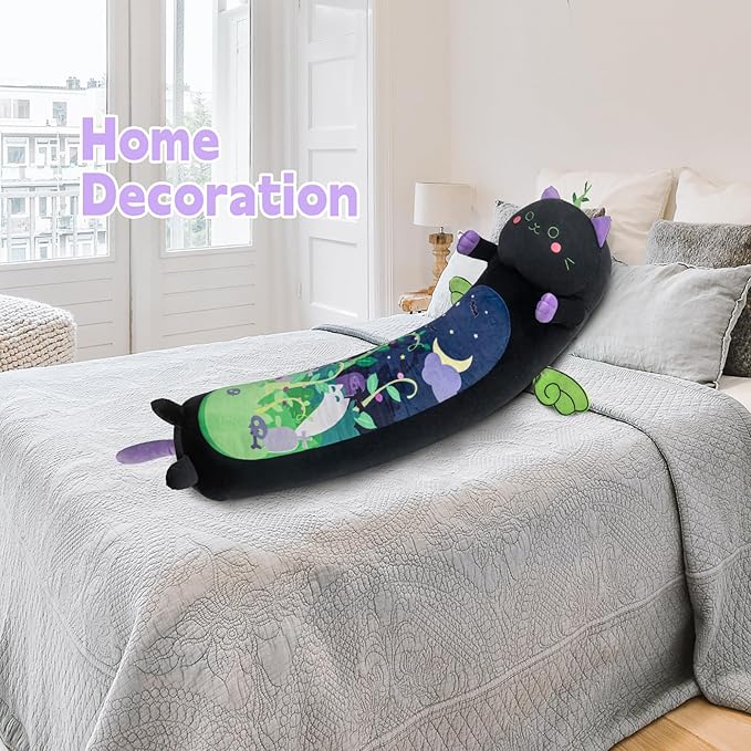 Long Cat Plush 5 Sizes, 120% Extra Filling Giant Plushness Kids Body Pillow, Kawaii Cute Black Cat Stuffed Animals Plushies, Big Long Body Pillow Black Cat Plush Gift for Girls 53”
