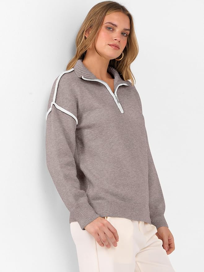 ANRABESS Womens Quarter Zip Sweaters Fall Long Sleeve V Neck Shirts Collared Business Casual Tops Knit Pullover Sweatshirts