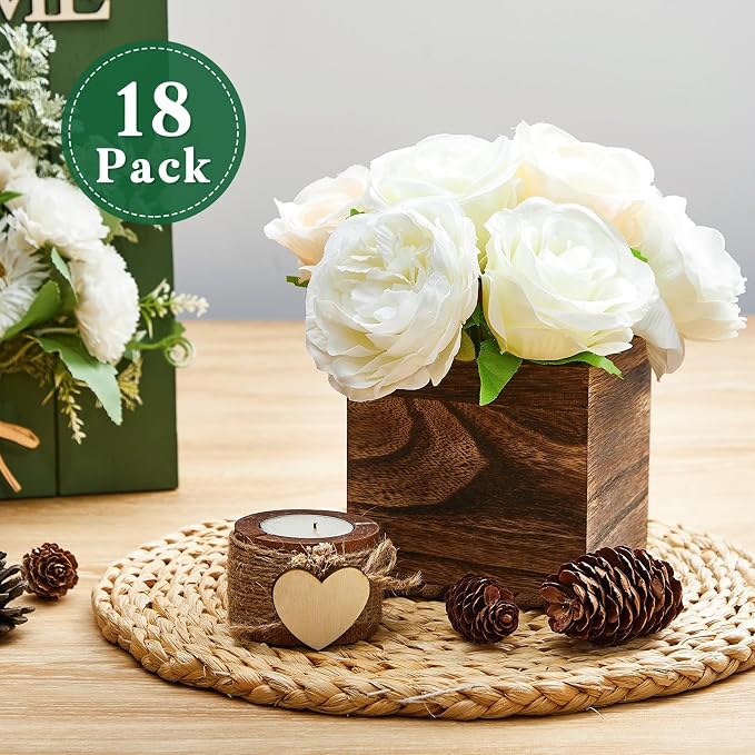 18 Set Wood Cube Planter Box Square Wood Vase Rustic Cube Planter Box with Removable Plastic Liner Floral Foam Blocks for Centerpieces Home Wedding Garden Decor, Country Style (Brown)