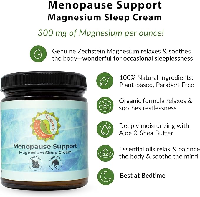 Taspen's Organics Menopause Support Magnesium Sleep Cream – Natural Cooling Relief for Hot Flashes & Night Sweats | Promotes Relaxation & Sleep | Flower Essence & Botanical Formula (1.7 oz)