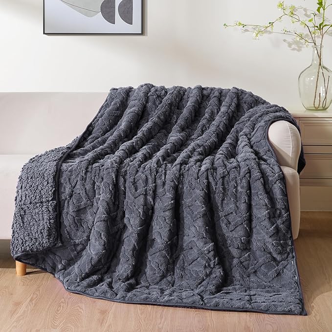 Uttermara Jacquard Weighted Blankets for Adults Full Size 12lbs, Dual-Sided Soft Sherpa Heavy Blanket, Thick Blanket Throw for Sleeping, 48 x 72 Inches, Blue Grey