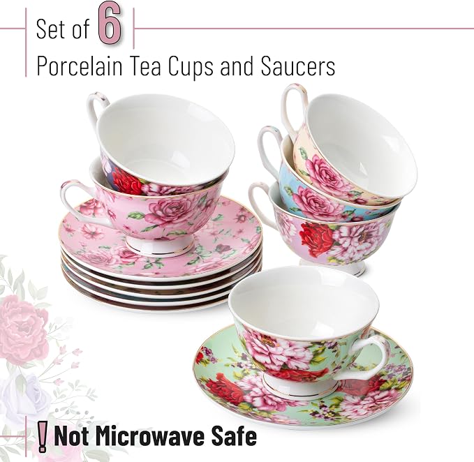BTaT- Floral Tea Cups and Saucers, 8 oz, Fine Porcelain Teacup Set with Gold Trim for Afternoon Tea, Weddings, Parties & Gifting, Dishwasher Safe, Lightweight, Non-Toxic, Set of 6