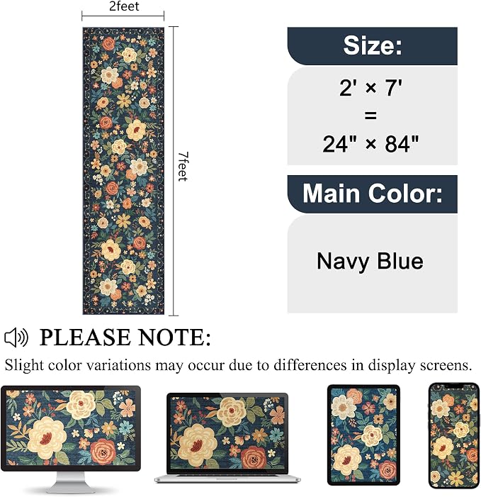DUKINO 2x7 Runner Rug for Hallway, Soft Washable Rug Non Slip, Navy Blue | Low Pile, Stain Resistant Indoor Carpet Runner for Kitchen, Bedroom, Bathroom, Entryway, Laundry, Pet Friendly, Home Decor
