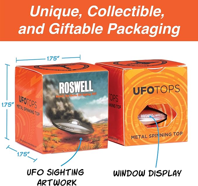 UFO Tops Roswell - Metal Spinning Fidget Top - Inspired by The Documented 1947 UFO Sighting in Roswell, New Mexico (Color: Midnight Black)