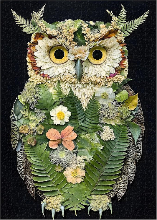 PICKFORU Foliage Owl 1000 Piece Puzzle for Adults, Nature Leaves Flowers Collage Art Jigsaw Puzzles, Plant Animal Puzzle as Wall Decor