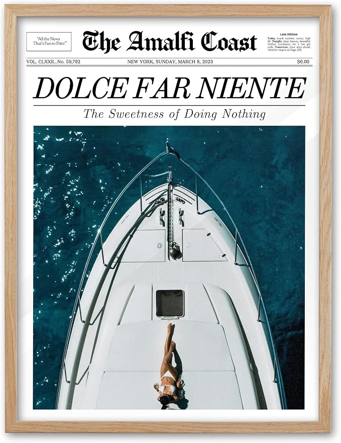 EcoHest 16x20 in Dolce Far Niente Newspaper Framed Wall Art | Solid Oak Wood Frame, Canvas Wall Art, Italian Summer Newspaper Wall Decor for Living Room, Bedroom, Apartment, Dorm, 1Pack