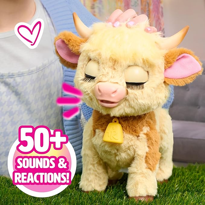 Just Play furReal Maggie The Feed & Follow Cow, 11 Inch Interactive Highland Mini Cow, for Boys and Girls, Ages 4 and up