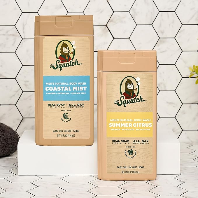 Dr. Squatch Natural Men's Body Wash Shower Gel - Cleansing, Nourishing, Long Lasting Scent, Moisturizing Body Wash for Men - Coastal Mist + Summer Citrus (14 oz, 2-Pack)