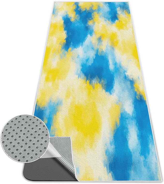Yoga Mat Towel,Hot Yoga Towel High-Definition Pattern,Machine Washable with Ultra-Absorbent Yoga Towels for Hot Yoga Non Slip for Fitness,Exercise,Pilates,72 x 27 in,Blue & Yellow