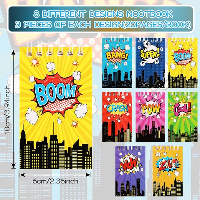 LiYiQ 148 Pcs Hero Party Return Gifts Bulk Mini Notebooks Pens Stickers Set for Hero Themed Birthday Party Supplies Classroom School Reward Gift Prizes Goodie Bags Stuffers