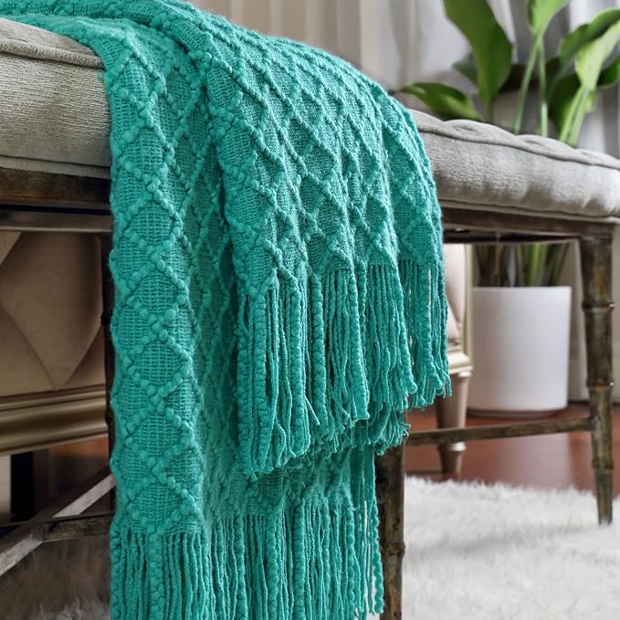 CREVENT Boho Crochet Throw Blanket for Couch Sofa Chair Bed Decoration, Gift Idea for Girlfriend Mom Birthday, Soft Warm Cozy Light Weight for Spring Summer (50''X60'' Aqua Blue/Teal)