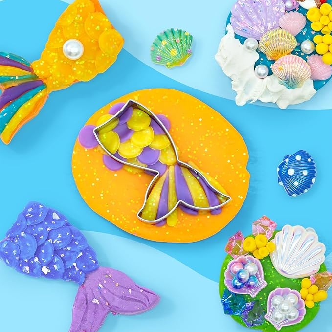 SIMPLIPLAY Mermaid Sensory Kit, 18oz 6 Pcs Glitter Doughs with Accessories(150 Pcs+), Non-Toxic Play Dough Set, Sensory Dough Kit for Toddlers 3 4 5 6 Year Old with Cutter, Mermaid Toys