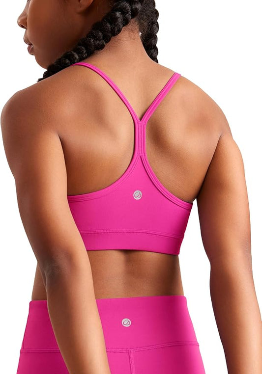 CRZ YOGA Girls Butterluxe Y Back Sports Bra - Yoga Athletic Casual Tops Scoop Neck Spaghetti Strap Padded Crop Kids Teen