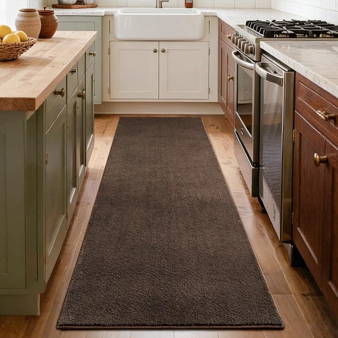 FinRèc 2x8 Washable Runner Rugs for Kitchen Hallway Bedroom, Low Pile Thin Rug Solid Color, Non-Slip Carpet Indoor for Home Decor (Pure Brown)