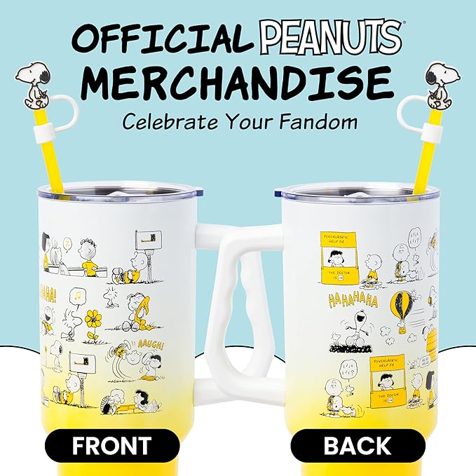 Silver Buffalo Peanuts Featuring Charlie Brown, Snoopy, Woodstock, Lucy, Sally, Linus, and More Stainless Steel Tumbler with Handle and Straw, Fits in Standard Cup Holder, 40 Ounces (Pack of 12)