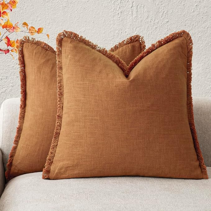 Foindtower Set of 2 Decorative Linen Fringe Throw Pillow Covers Cozy Boho Farmhouse Cushion Cover with Tassels Soft Accent Pillowcase for Couch Sofa Bed Living Room Home Decor, 24×24 Inch, Orange