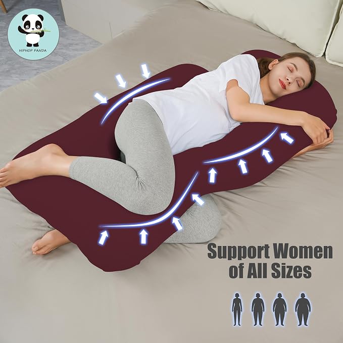 HIPHOP PANDA U-Shaped Pregnancy Pillow for Sleeping - Full Body Maternity Support Pillow with Cooling Removable Cover - Comfort for Back, Hips, Legs, Belly - 57 Inch for Pregnant Women, Burgundy