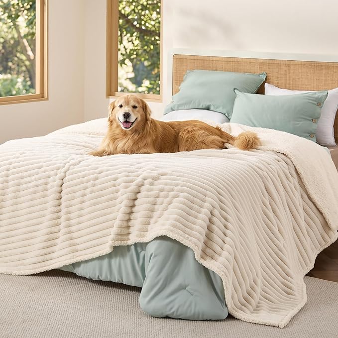 Bedsure ComfyFleece™ Waterproof Blanket for Bed - Soft Plush Dog Blankets for Large Dogs Corduroy Fleece Washable, Cozy Calming Reversible Furniture Protection for Pet Cat,86"x108", King, Cream