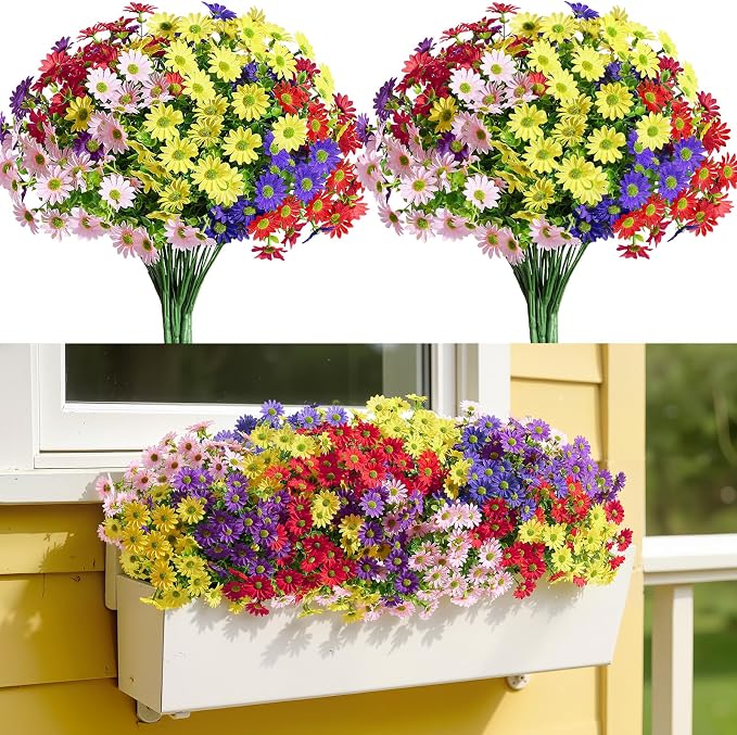 Alupssuc 20 Bundles Artificial Daisies Flowers Fake Silk Plant for Indoor Outdoor Decor, UV Resistant No Fade Faux Spring Flowers for Garden, Porch & Patio Decoration,Mixed 5 Colors