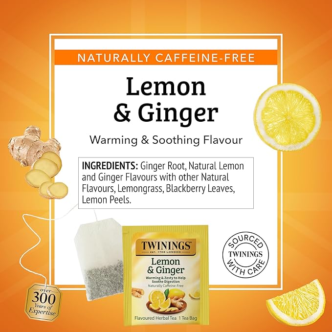 Twinings Lemon & Ginger Herbal Tea Individually Wrapped Bags, 50 Count (Pack of 6), Tangy Lemon & Spicy Ginger, Naturally Caffeine-Free, Enjoy Hot or Iced, 300 Teabags