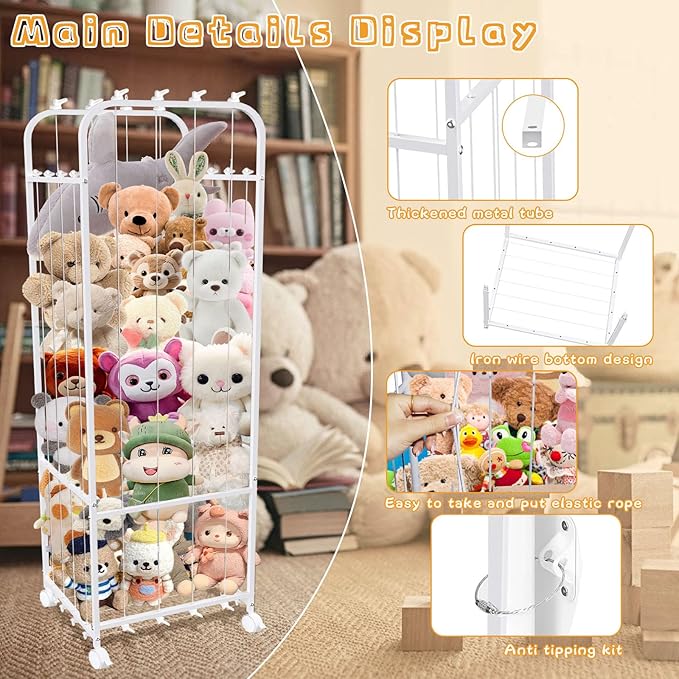 Metal Tube Stuffed Animal Holder, Large Stuffed Animal Storage, White Plushies Storage Elastic Band, Toys Organizer with 360° Brake Wheels for Nursery, Kids Room, Playroom