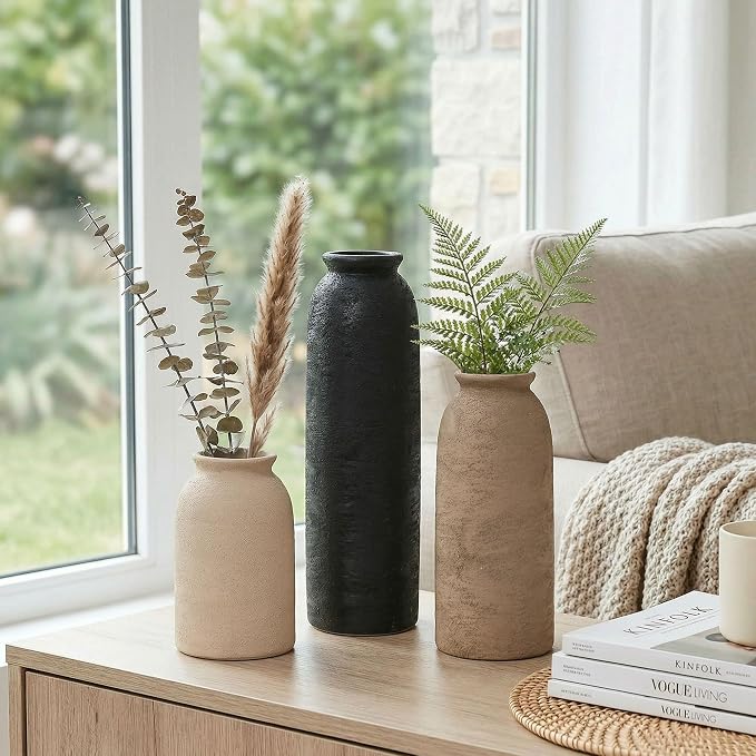 Ceramic Vase Set of 3, Small Flower Rustic Vase Home Decor Neutral Modern Farmhouse Boho Pampas Pottery Vases Decorative Centerpiece for Table Mantel Shelf Living Room Kitchen Bathroom