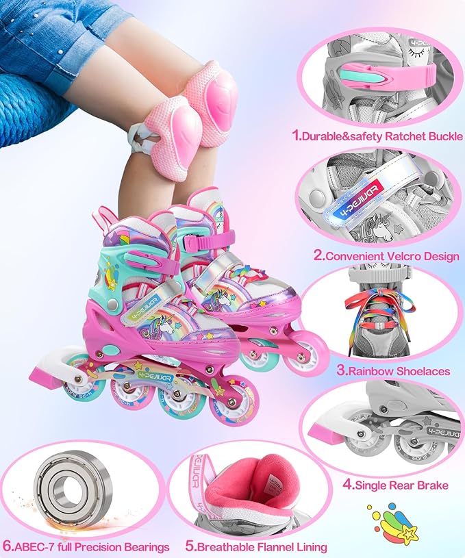 Unicorn Rainbow Inline Skates for Girls Teens Womans,4-Pejiijar Roller Skates for Girls Ages 6-8-12 w/Luminous Wheels,Kids Adjustable Roller Shoes for Birthday Xmas Gifts