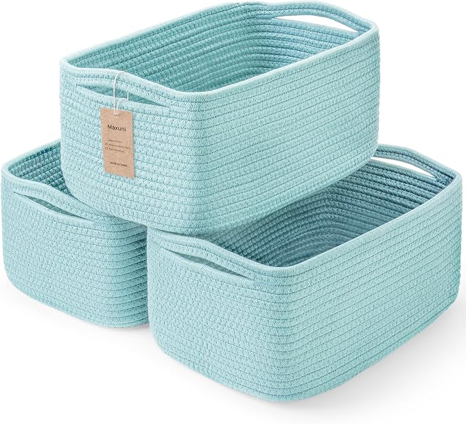 3 Pack Small Storage Baskets for Organizing, 11.8×7.8×5.1", Light Blue | Woven Baskets for shelves, Cotton Rope Basket for Gifts Empty, Closet Organizer Bins with Handles, Cube Decorative Box