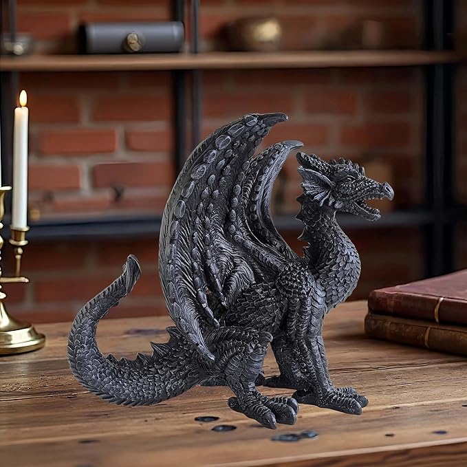 Gothic-Themed Dark Dragon Statue Figurine 8'' Long Majestic Dragon Medieval Mythic Guardian Collectible Fantasy Decoration Home Office Shlef Mantel Decor Gifts