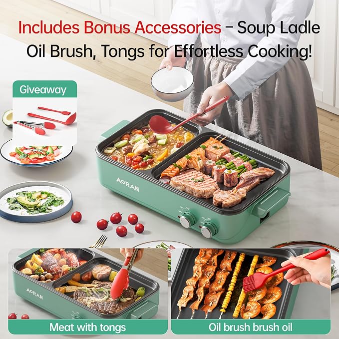 AORAN Electric Hot Pot with Grill, 2-in-1 Indoor Non-Stick Pot for Korean BBQ, Shabu Shabu & Noodles, Dual Temperature Control, Quick Heating with Bonus Accessories Green