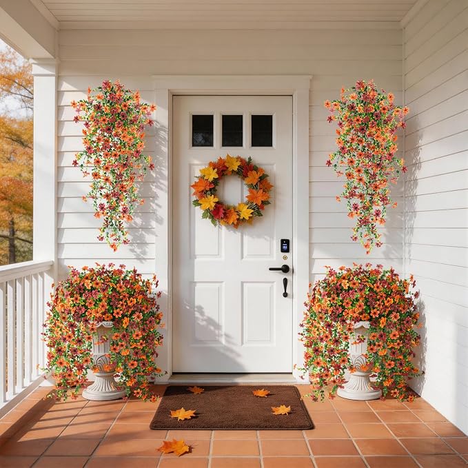 Artificial Fall Fake Flowers for Outdoor Decor,4 Pcs UV Resistant Faux Mums | Faux Hanging Flowers Outdoor Fall Decor, Look Real Autumn Silk Flower for Outside Home Porch Patio Yard Balcony Planter
