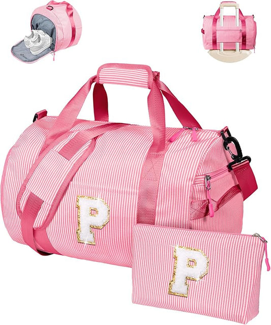 4 Year Old Girl Birthday Gifts, Girls Travel Duffle Bag, Kids Initial Overnight Bags with Shoe Compartment, Personalized Weekend Bag with Makeup Pouch, Graduation Gifts for Her (Letter P)