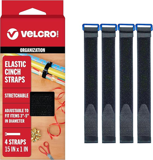VELCRO Brand VEL-30792-AMS 15 Inch Elastic Straps 4 Pack | Stretchable and Adjustable for Snug Fit | Fasten Lumber, Yoga Mats, Tools, Camping Equipment, More | Cinch with Buckle, Black 15x1