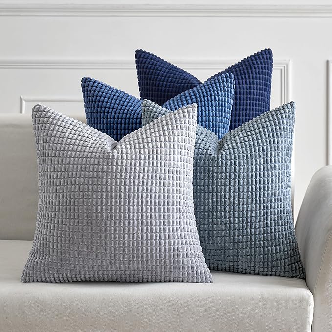 MIULEE Decorative Euro Sham Pillow Covers 24x24 Inch Set of 4 Coastal Blue | Boho Western Farmhouse Home Decor, Throw Pillows, Summer Coastal Industrial Corduroy Pillowcases for Sofa Living Room Bed