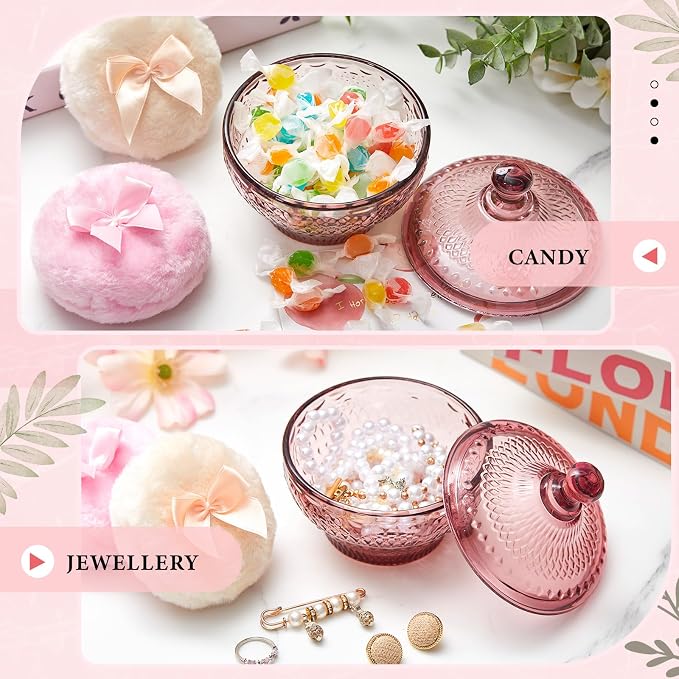 Tioncy 3 Pcs Large Body Powder Puff and Container Valentine's Day gift Powder Container with Puff Crystal Case Soft Washable Reusable Velour Face Body Glitter Wet Dry Makeup (Retro,Purplish-red)