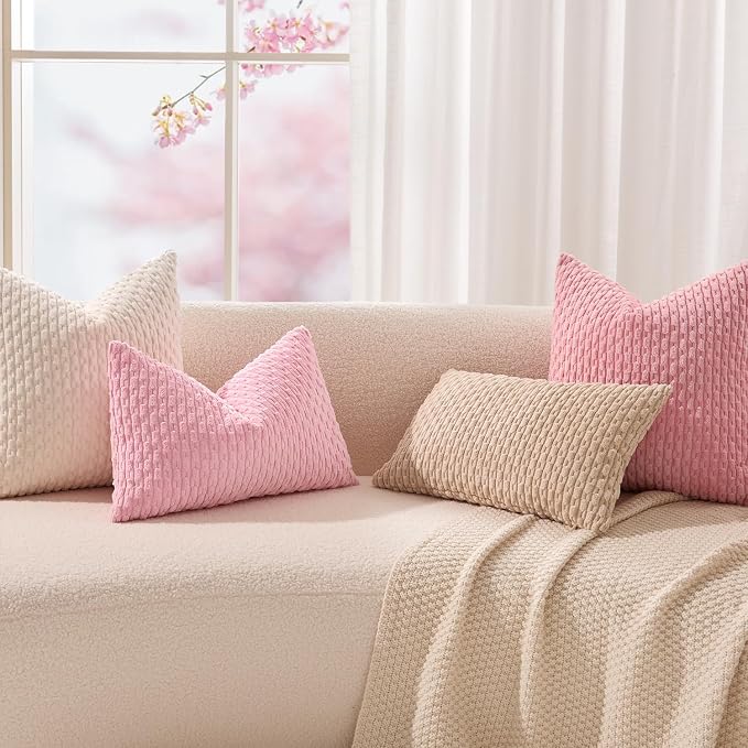 Kevin Textile Soft Corduroy 14"x22" Lumbar Pillow Cover 1 Pack, Pink | Boho Stripe Plush Corduroy Decorative Oblong Cushion Cover Modern Farmhouse Home Decor for Sofa Couch Bed Chair