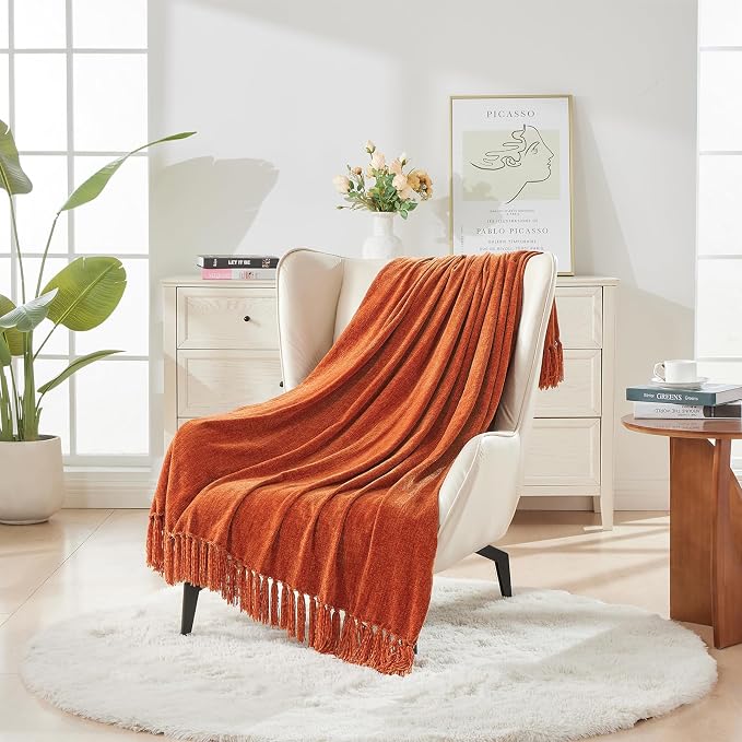 CozeCube Chenille Throw Blanket, Rust Orange Fringe Blanket, 60"X80" | For Couch, Cozy Plush Fuzzy Decorative Blanket with Fringe Tassels, Lightweight Throws for Bed Sofa Gift Home Decor