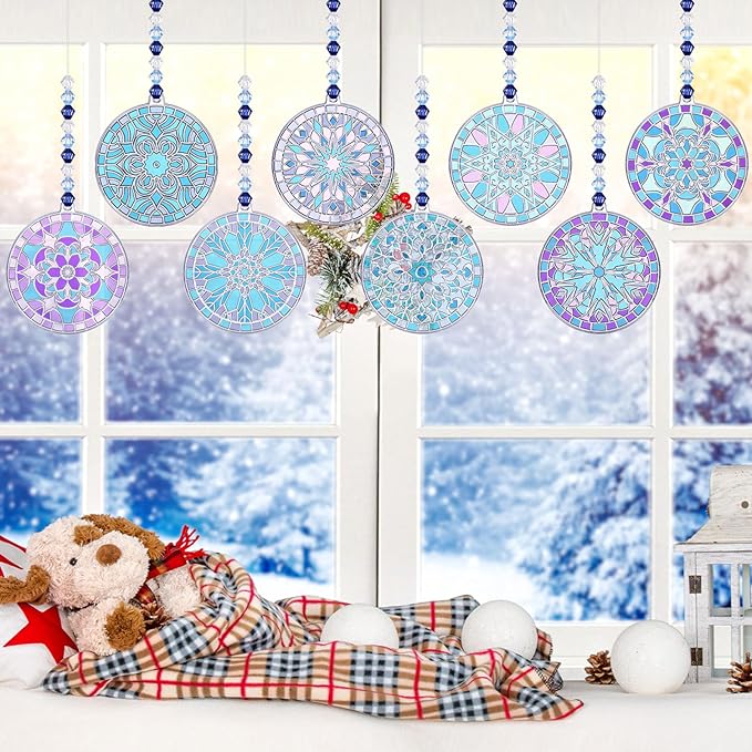 30 Sets Winter Snowflake Suncatchers Window Art Kits, DIY Sun Catchers Bulk Crafts Paint Your Own Window Ornaments for Boys Girls Classroom Party Birthday Activity Home Decor