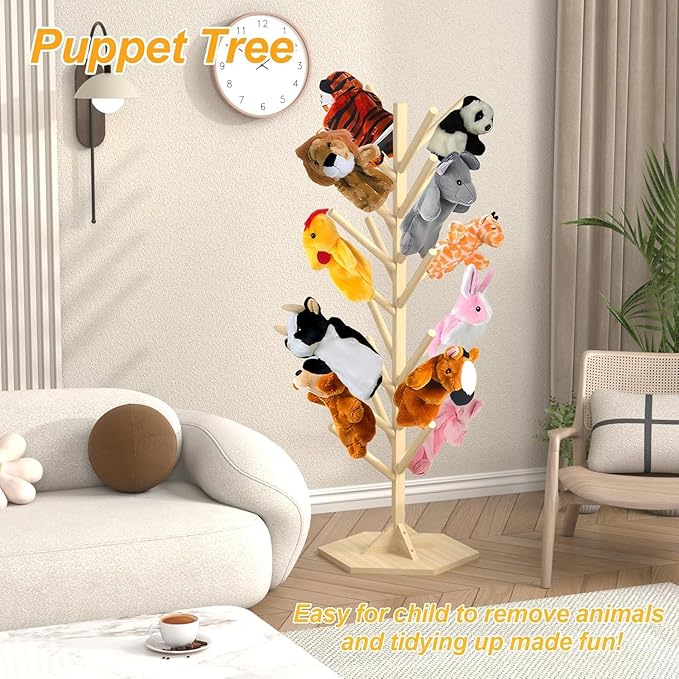 Wooden Puppet Stand – 45.5" Tall Puppet Tree Holds 30 Hand Puppets, Durable Anti-Crush Design for Safe Storage and Display