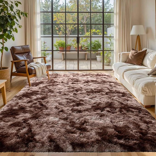 6x9 Brown Rugs for Living Room Fluffy Fur Bedroom Area Rug,Rustic Plush Non-Slip Dark Carpet for Book Room Office,Coffee Stain Resistant
