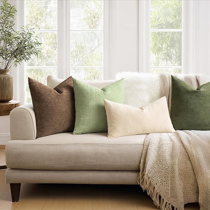 MIULEE Sage Green Chenille Couch Throw Pillow Covers, 20x20 | Set of 2, Soft Modern Farmhouse Style, Decorative Pillowcases for Sofa Living Room Bed, Home Decor