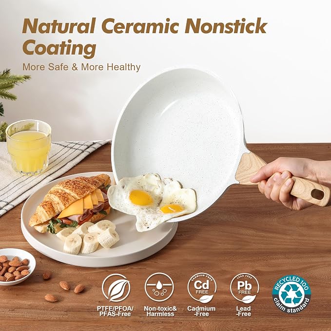 SENSARTE Ceramic Nonstick Frying Pan Skillets, White(10+12 Inch) | Healthy ceramic nontoxic coating, PTFE & PFAS free. Compatible with all stoves including induction cooktops. Easy to clean.