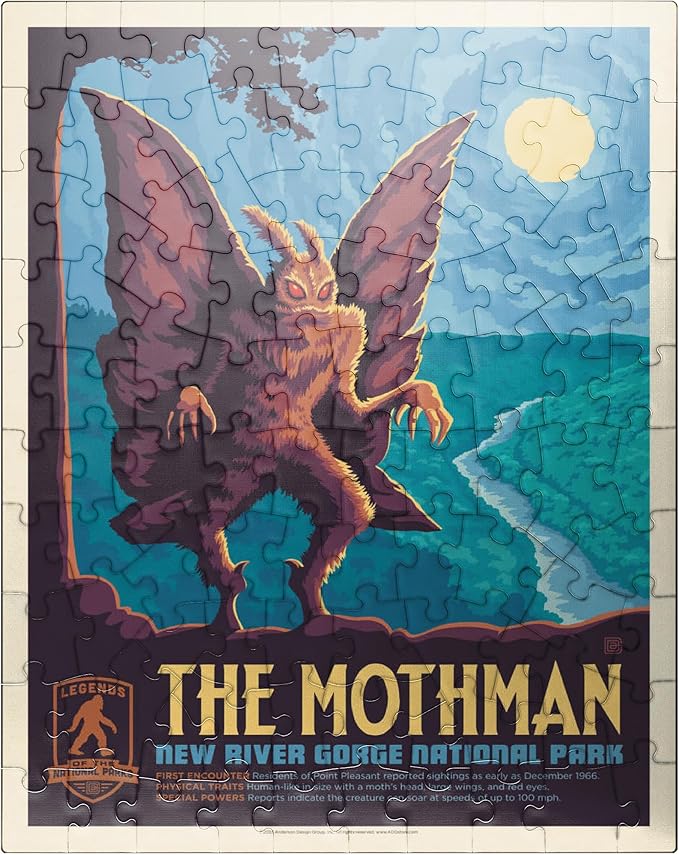MyPuzzle Legends of The National Parks: New River Gorge's Mothman, Vintage Poster - Premium 100 Piece Jigsaw Puzzle for Adults