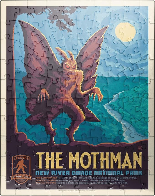 MyPuzzle Legends of The National Parks: New River Gorge's Mothman, Vintage Poster - Premium 100 Piece Jigsaw Puzzle for Adults