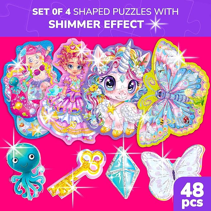 QUOKKA Shimmery Puzzles for Kids Ages 4-6 – 48 Piece Shaped Jigsaw Puzzles for Toddlers 3-5 – 4-Pack Princess, Mermaid, Butterfly & Unicorn Children's Game Ages 4-8 – Unique Gift Toy for Preschoolers