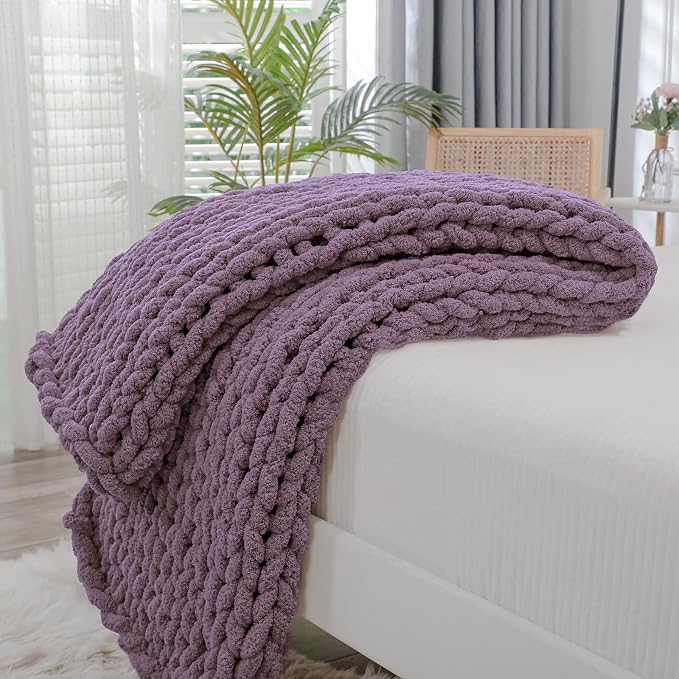 Bigacogo Chunky Knit Throw Blanket for Couch, 40x60 inches, Winter Grape | Hand Knit with Jumbo Chenille, Soft Breathable Cable Knit for Sofa Bed Living Room, Machine Washable, Gift for Mom Friend